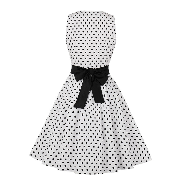 Vintage Sweetheart Neckline Button Bodice Polka Dots Sleeveless Belted Cocktail Midi Dress N21842