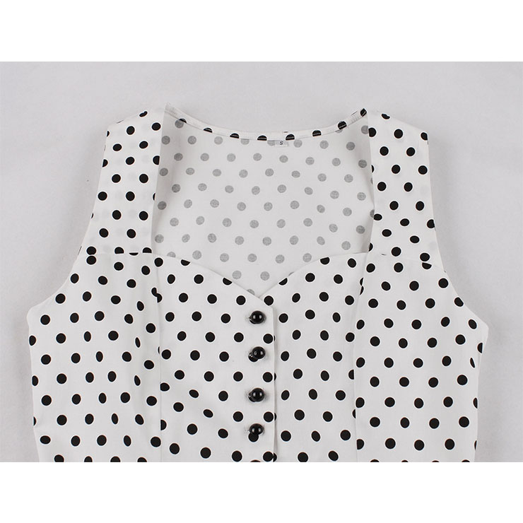 Vintage Sweetheart Neckline Button Bodice Polka Dots Sleeveless Belted Cocktail Midi Dress N21842