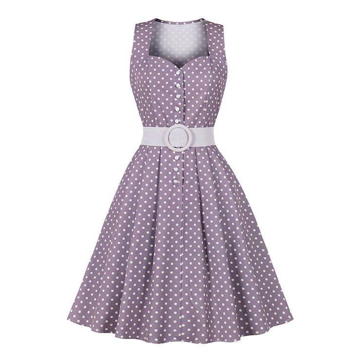 Vintage Sweetheart Neckline Button Bodice Polka Dots Sleeveless Belted Cocktail Midi Dress N21850