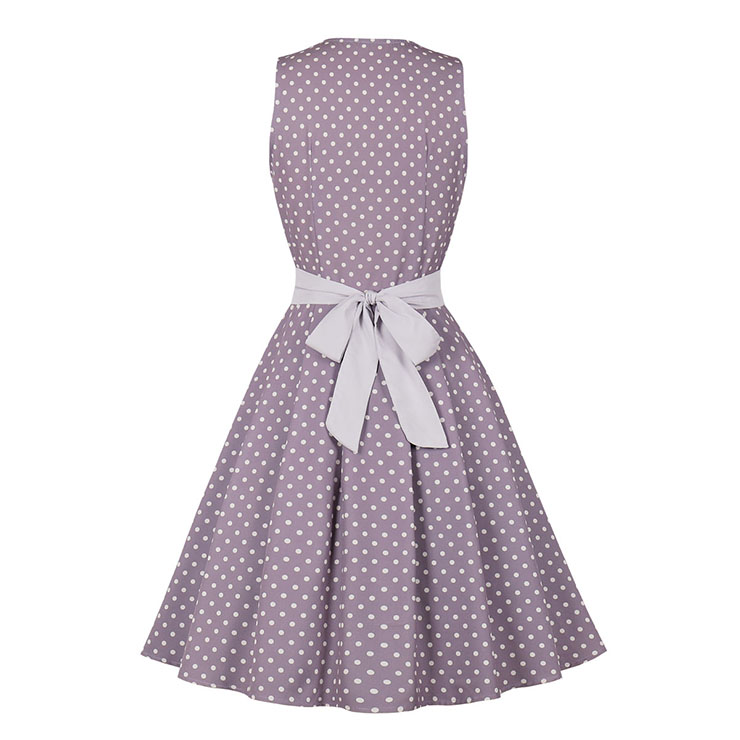 Vintage Sweetheart Neckline Button Bodice Polka Dots Sleeveless Belted Cocktail Midi Dress N21850