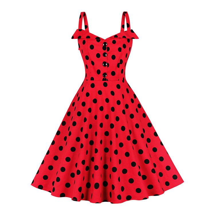 1950s Retro Polka Dots Shoulder Straps Sweetheart Bodice High Waist Summer A-line Dress N22197