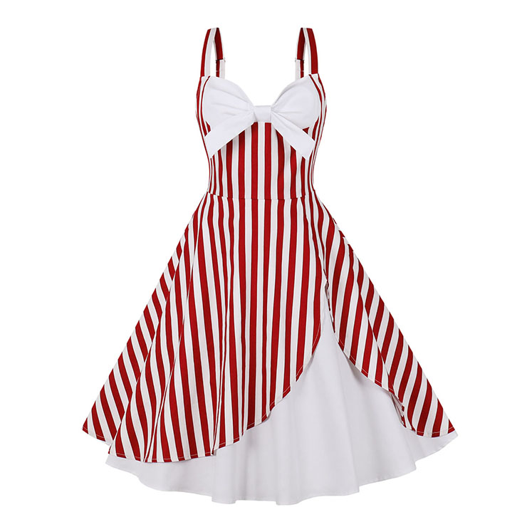 1950s Vintage Striped Sweetheart and Bowknot Bodice Straps Summer Party Swing Dress N22247