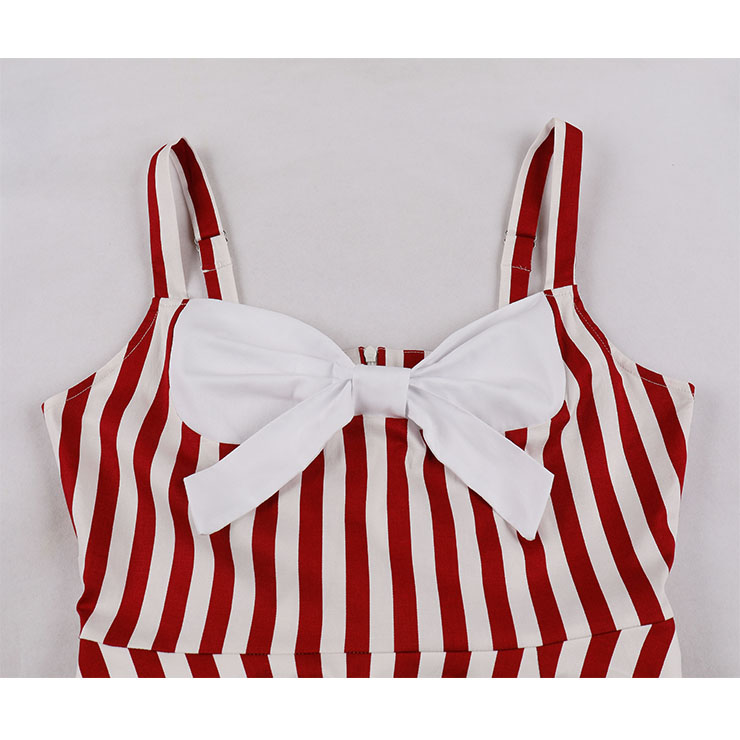 1950s Vintage Striped Sweetheart and Bowknot Bodice Straps Summer Party Swing Dress N22247