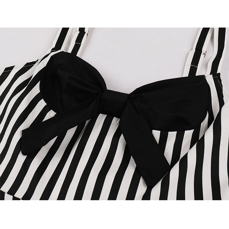1950s Vintage Striped Sweetheart and Bowknot Bodice Straps Summer Party Swing Dress N22248