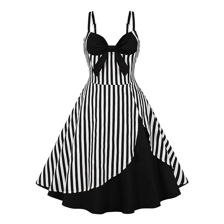 1950s Vintage Striped Sweetheart and Bowknot Bodice Straps Summer Party Swing Dress N22248