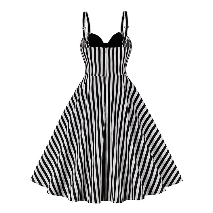 1950s Vintage Striped Sweetheart and Bowknot Bodice Straps Summer Party Swing Dress N22248