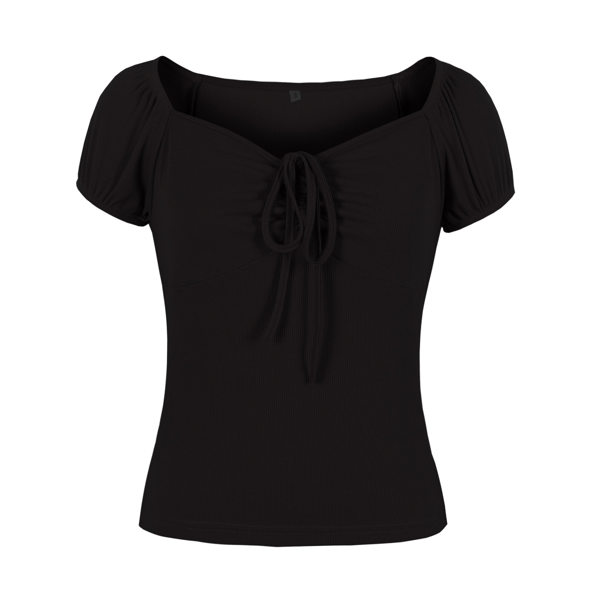 Vintage Black Sweetheart Neckline Lace-up Short Sleeve T-shirt Slim Crop Top N21342