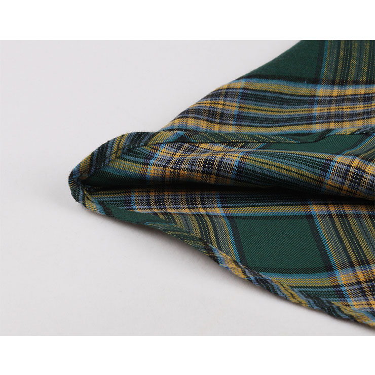 Vintage Tartan Lapel Short Sleeve Plaid Button High Waist A-line Big Swing Dress N20965