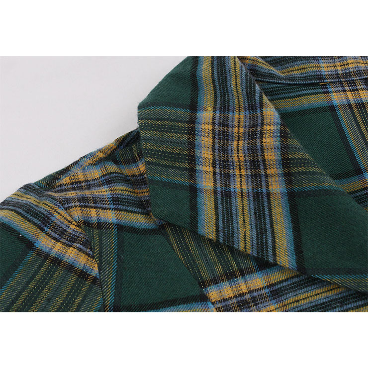 Vintage Tartan Lapel Short Sleeve Plaid Button High Waist A-line Big Swing Dress N20965