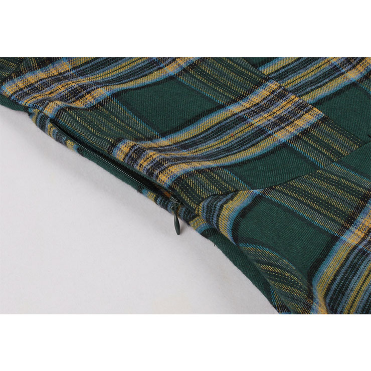 Vintage Tartan Lapel Short Sleeve Plaid Button High Waist A-line Big Swing Dress N20965