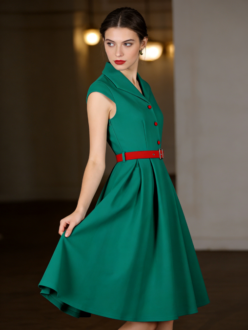 Vintage Teal Green A-Line Dress with Red Belt and Front Buttons - 1960s Style Shift Dress for Women N23820