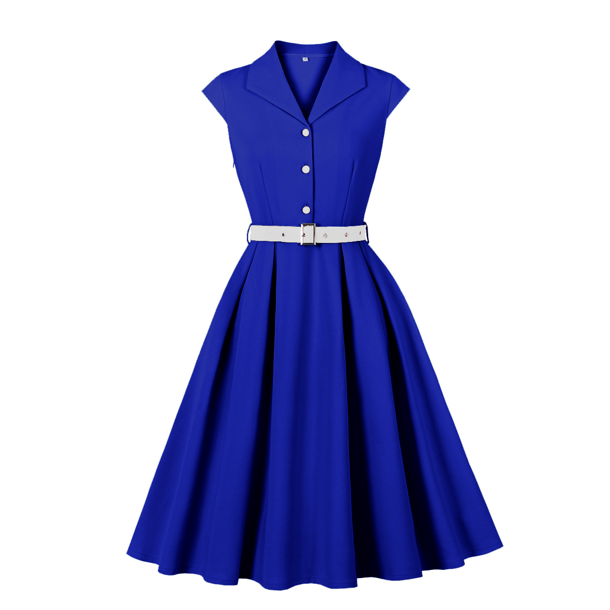 Vintage Royal Blue A-Line Dress with White Belt and Front Buttons - Classic Sleeveless Shift Dress N23821