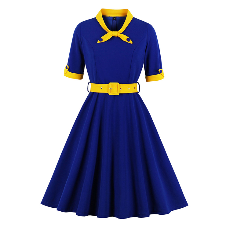 1950's Vintage Tie Collar Half Sleeve High Waist Belted A-line Party Midi Dress N20111