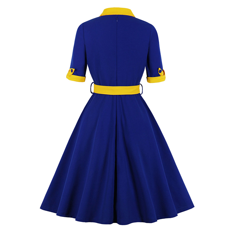 1950's Vintage Tie Collar Half Sleeve High Waist Belted A-line Party Midi Dress N20111
