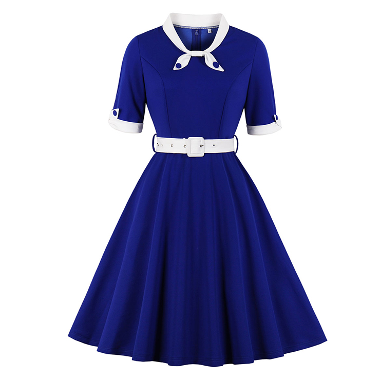 1950's Vintage Tie Collar Half Sleeve High Waist Belted A-line Party Midi Dress N20112