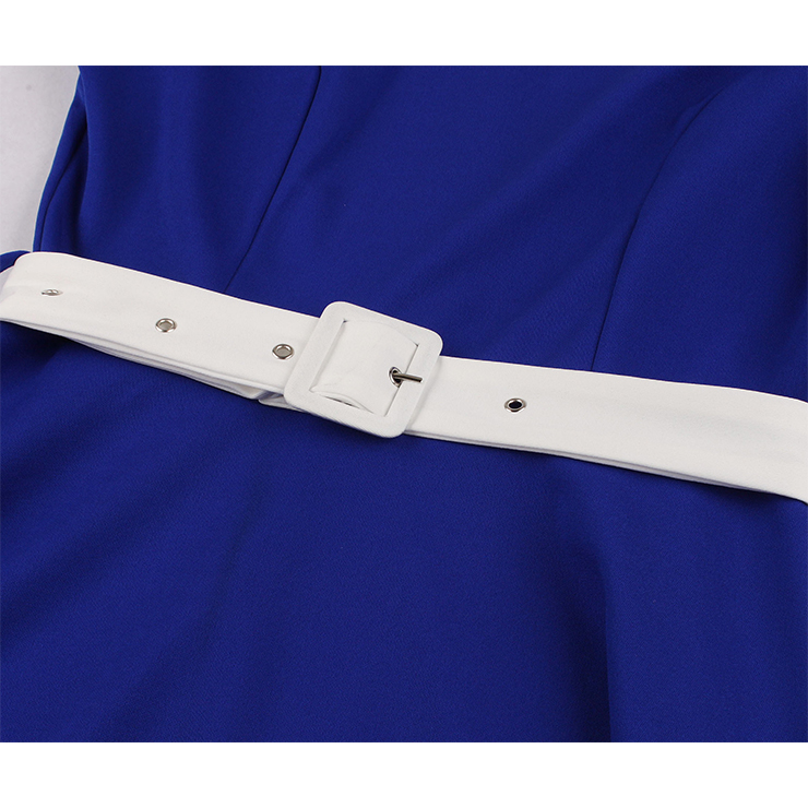 1950's Vintage Tie Collar Half Sleeve High Waist Belted A-line Party Midi Dress N20112