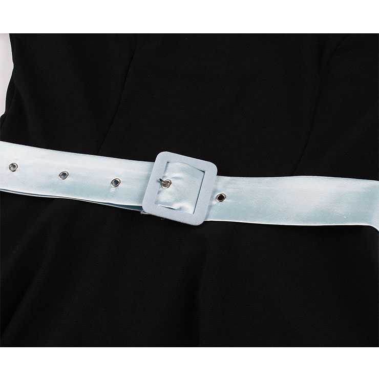1950's Vintage Tie Collar Half Sleeve High Waist Belted A-line Party Midi Dress N20936