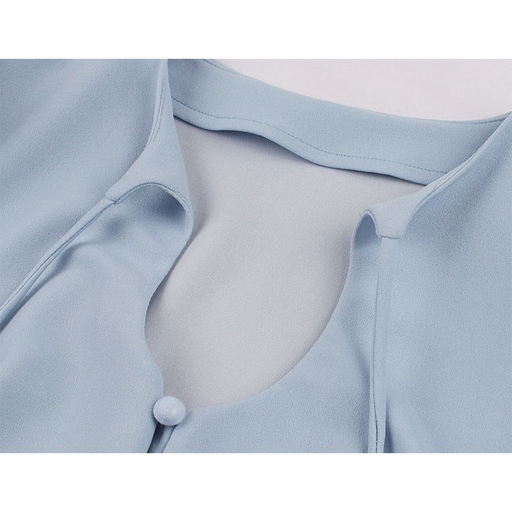 Vintage Light Blue Low-cut Tie Collar Half Sleeve Front Button High Waist Party Midi Dress N21588
