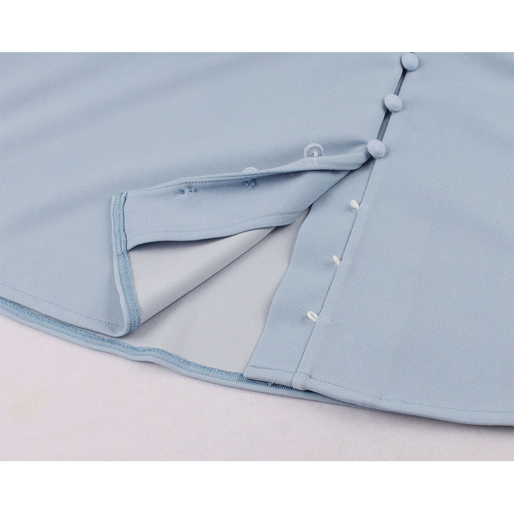 Vintage Light Blue Low-cut Tie Collar Half Sleeve Front Button High Waist Party Midi Dress N21588
