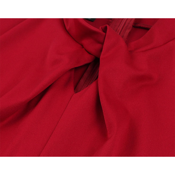 Vintage Women Solid Color Tie Collar Short Sleeve High Waist A-line Midi Dress N19594