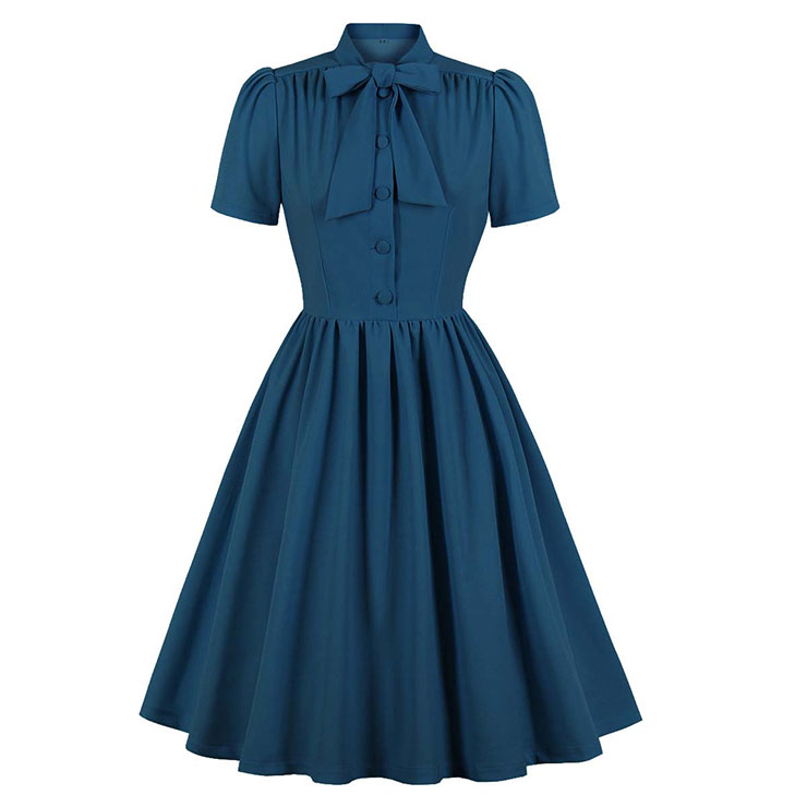 Vintage Tie Collar Front Button Short Sleeve Solid Color High Waist Cocktail Party Midi Dress N21606
