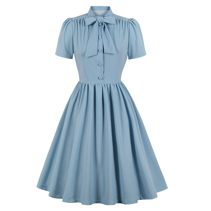 Vintage Tie Collar Front Button Short Sleeve Solid Color High Waist Cocktail Party Midi Dress N21607