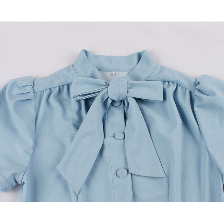 Vintage Tie Collar Front Button Short Sleeve Solid Color High Waist Cocktail Party Midi Dress N21607