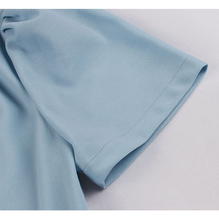 Vintage Tie Collar Front Button Short Sleeve Solid Color High Waist Cocktail Party Midi Dress N21607