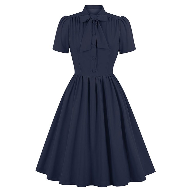Vintage Tie Collar Front Button Short Sleeve Solid Color High Waist Cocktail Party Midi Dress N23556