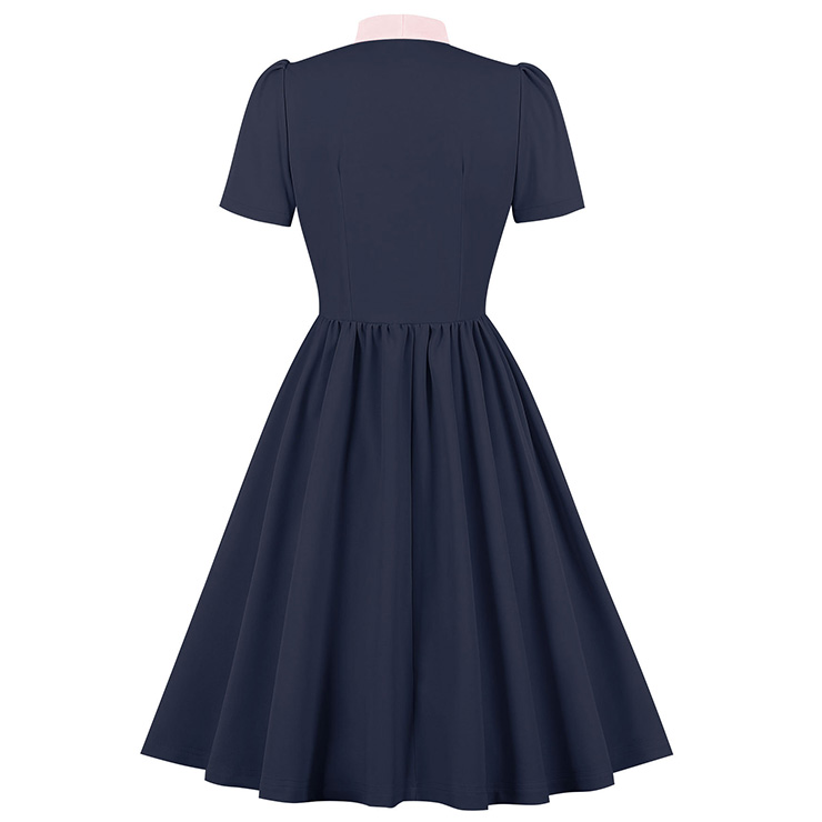 Vintage Tie Collar Front Button Short Sleeve Solid Color High Waist Cocktail Party Midi Dress N23557