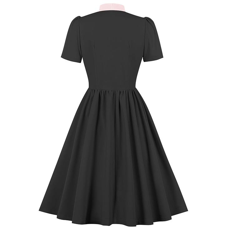 Vintage Tie Collar Front Button Short Sleeve Solid Color High Waist Cocktail Party Midi Dress N23558