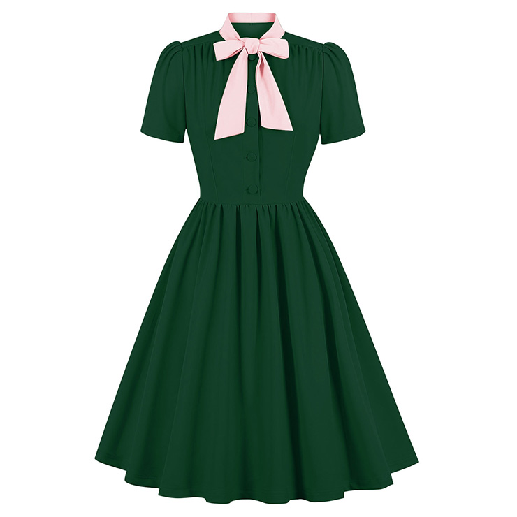 Vintage Tie Collar Front Button Short Sleeve Solid Color High Waist Cocktail Party Midi Dress N23559