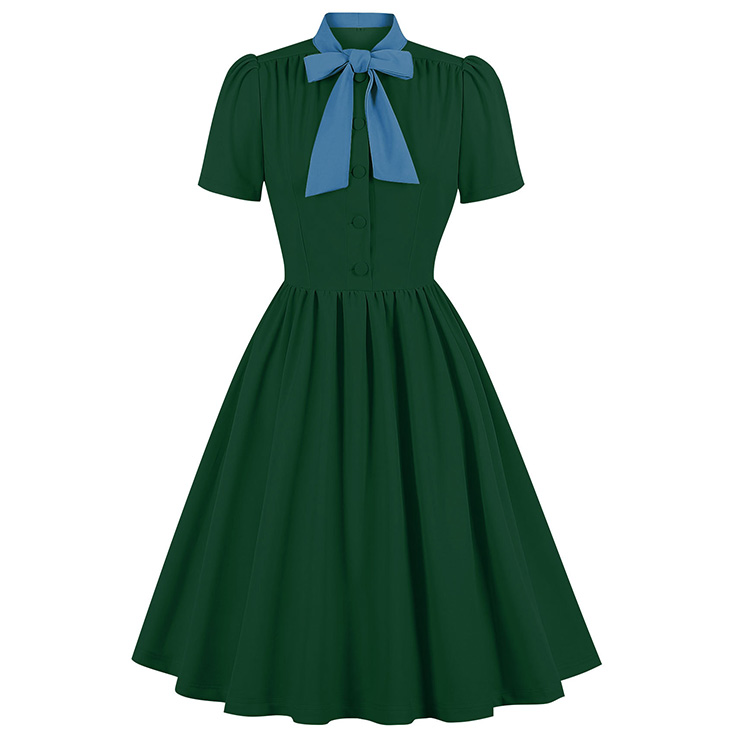 Vintage Tie Collar Front Button Short Sleeve Solid Color High Waist Cocktail Party Midi Dress N23560