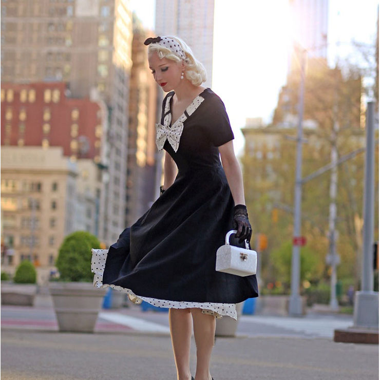 Vintage Black V Neck Bowknot Short Sleeve Cocktail Bridesmaid Stitching Dress N20956