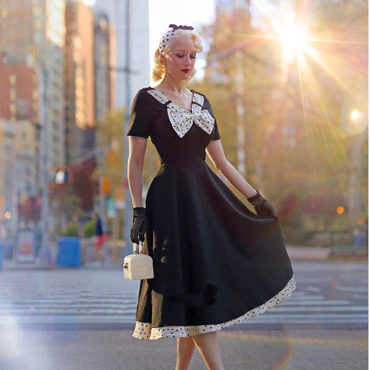 Vintage Black V Neck Bowknot Short Sleeve Cocktail Bridesmaid Stitching Dress N20956
