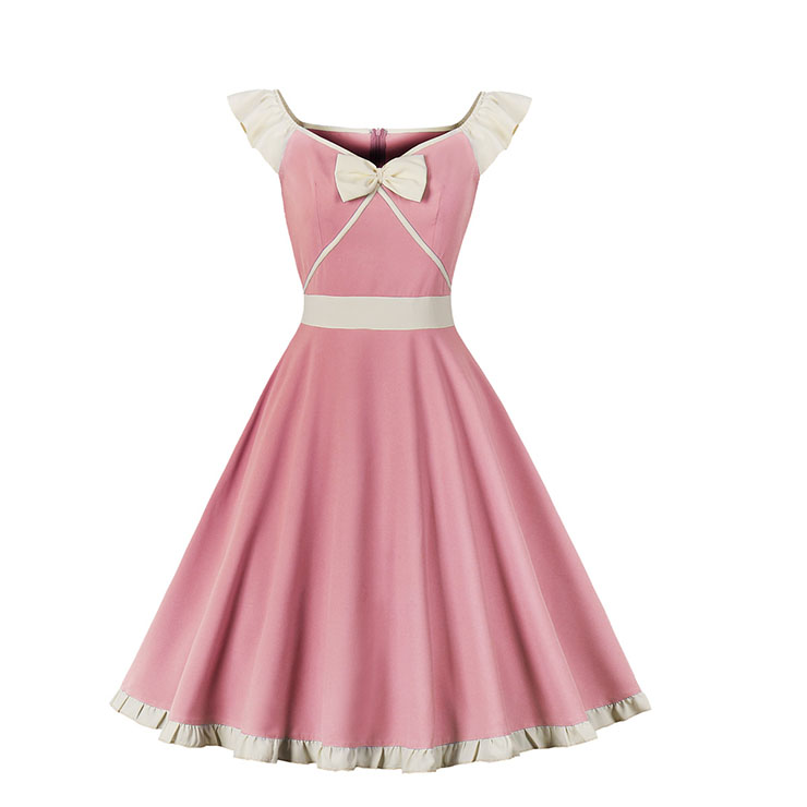 Vintage Pink V Neck Zipper Flying Sleeve High Waist Summer Daily Swing Dress N23142