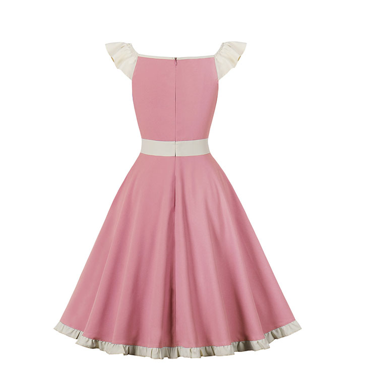 Vintage Pink V Neck Zipper Flying Sleeve High Waist Summer Daily Swing Dress N23142