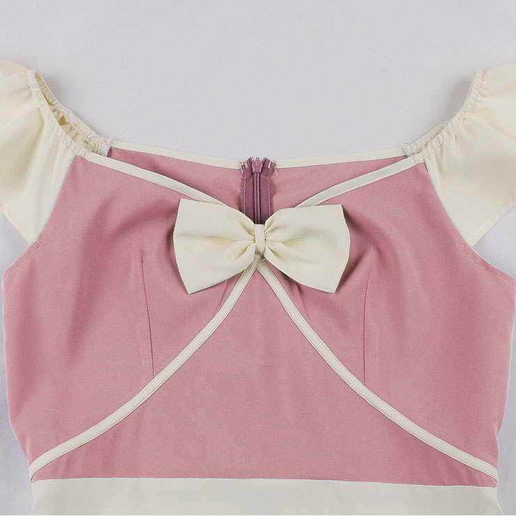 Vintage Pink V Neck Zipper Flying Sleeve High Waist Summer Daily Swing Dress N23142