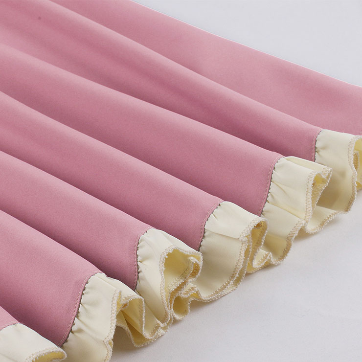 Vintage Pink V Neck Zipper Flying Sleeve High Waist Summer Daily Swing Dress N23142