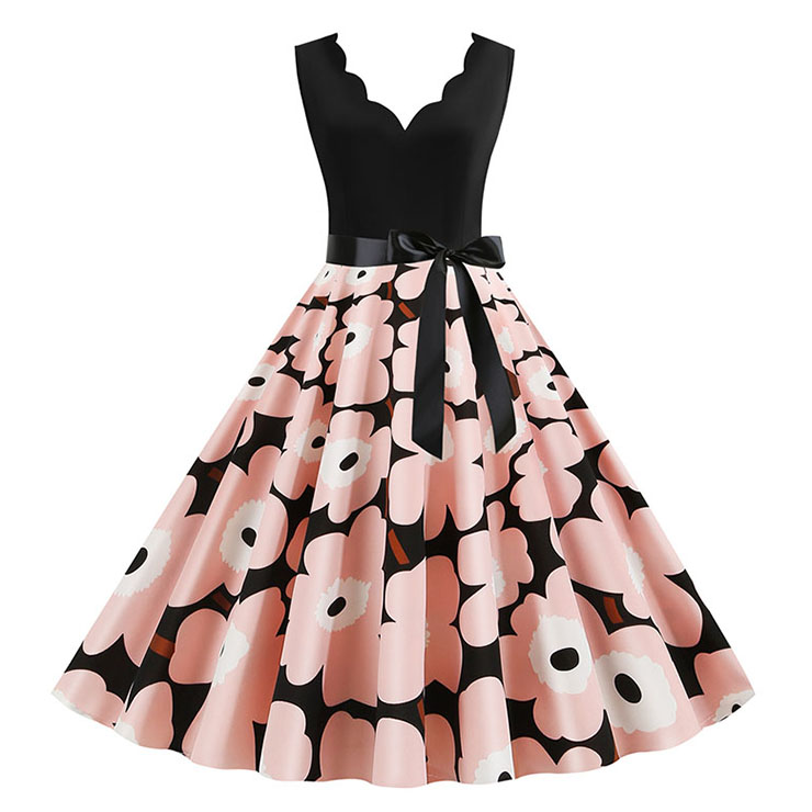 Vintage V Neck Pink Flowers Print Splice Sleeveless High Waist Belted Party Swing Dress N20356