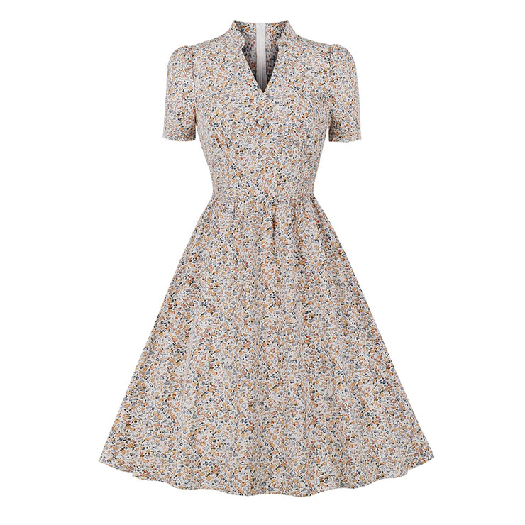 Vintage Floral Print V Neckline Short Sleeve High Waist Summer Cocktail Party Midi Dress N22113