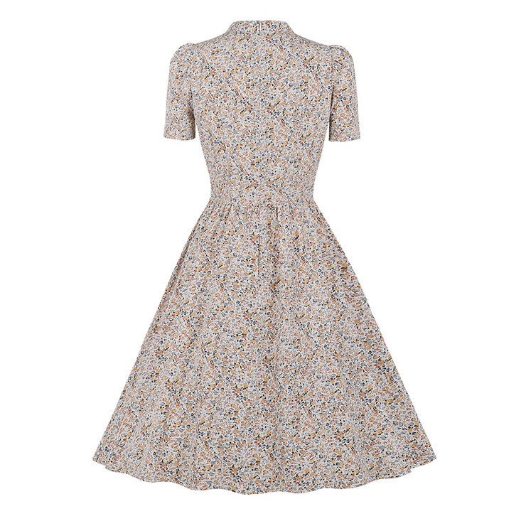 Vintage Floral Print V Neckline Short Sleeve High Waist Summer Cocktail Party Midi Dress N22113