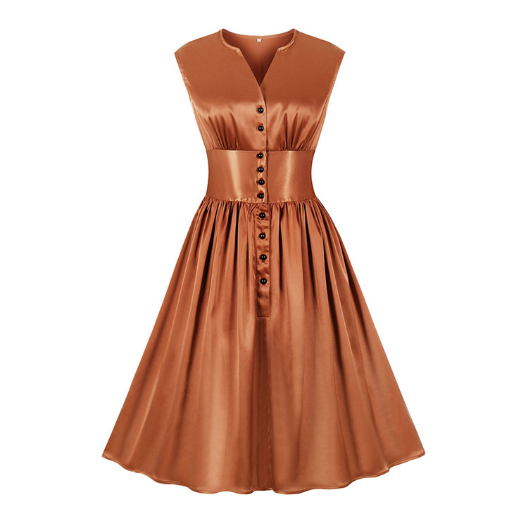 Vintage Rockabilly Glossy V Neckline Front Button Sleeveless High Waist Cocktail Swing Dress N22090