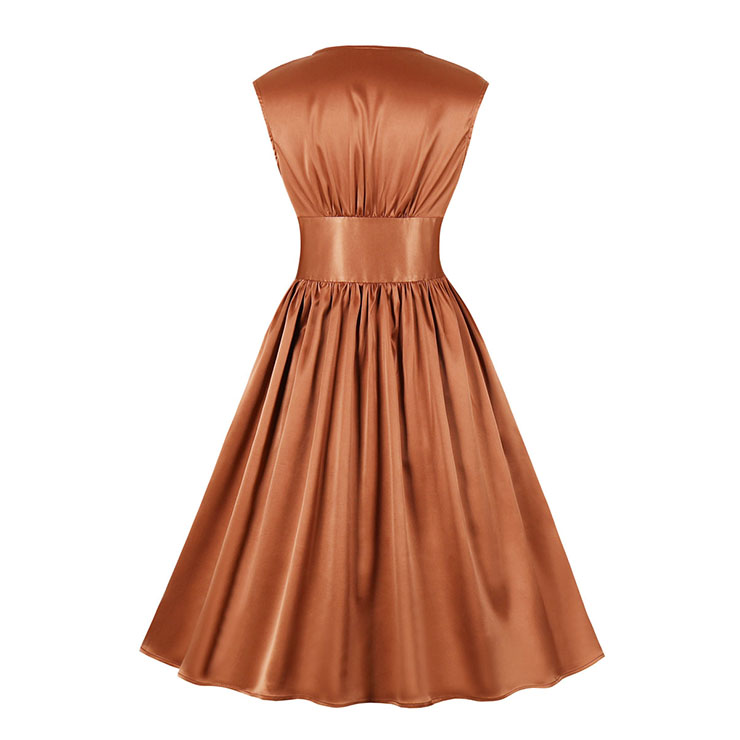 Vintage Rockabilly Glossy V Neckline Front Button Sleeveless High Waist Cocktail Swing Dress N22090