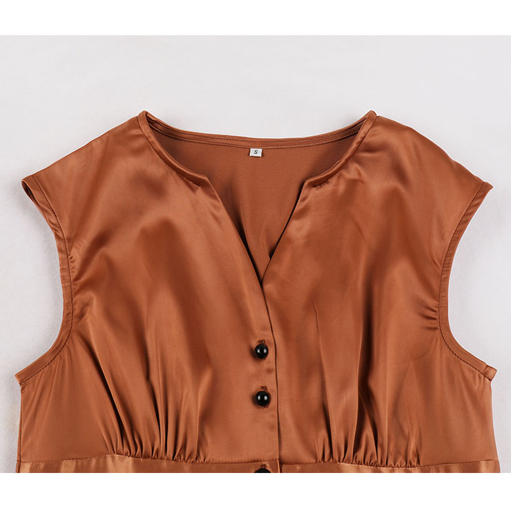 Vintage Rockabilly Glossy V Neckline Front Button Sleeveless High Waist Cocktail Swing Dress N22090