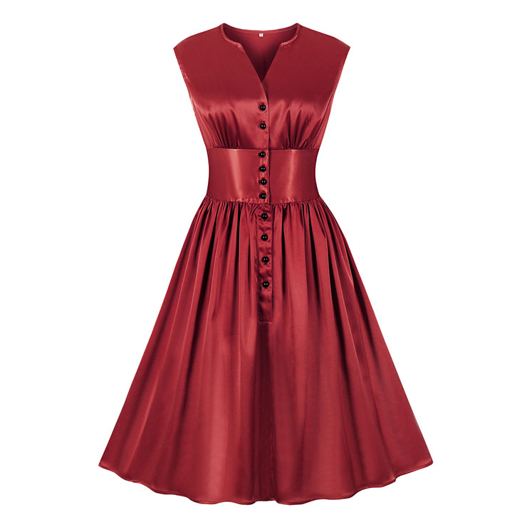 Vintage Rockabilly Glossy V Neckline Front Button Sleeveless High Waist Cocktail Swing Dress N22092