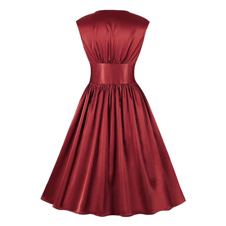 Vintage Rockabilly Glossy V Neckline Front Button Sleeveless High Waist Cocktail Swing Dress N22092