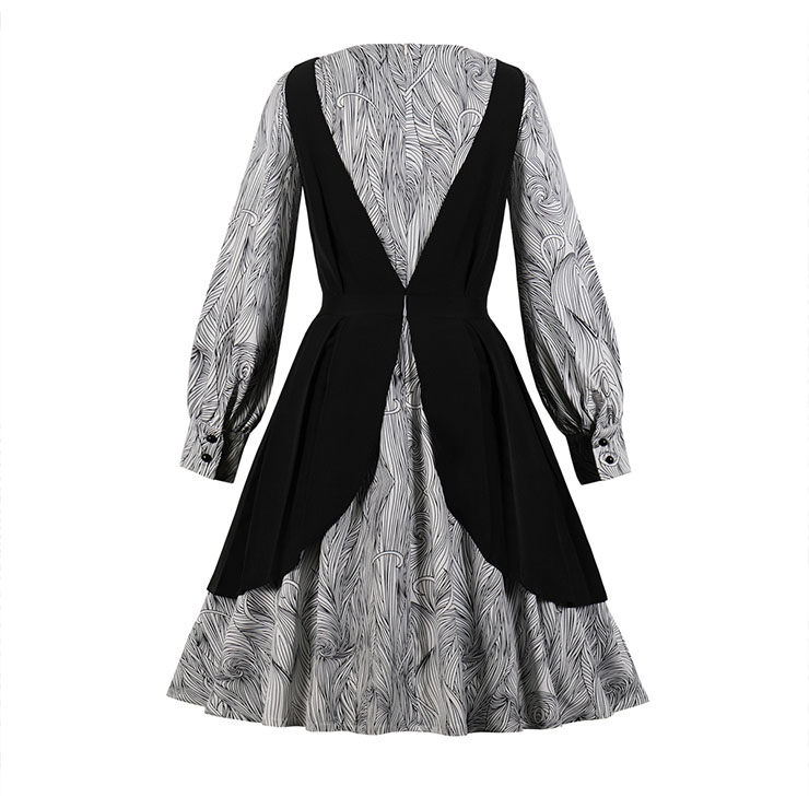Vintage Fake Two Pieces V Neckline Wood Grain Printed Puff Sleeves High Waist Dress N18217