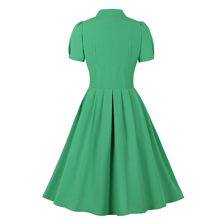 Vintage Solid Color V Neckline Front Button Short Sleeve Wide Waist Summer Daily Swing Dress N22120