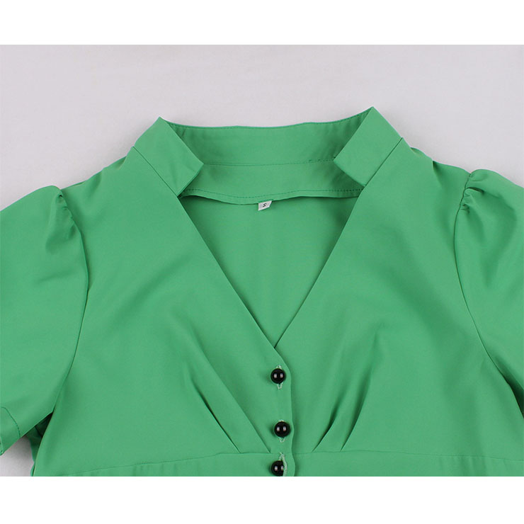 Vintage Solid Color V Neckline Front Button Short Sleeve Wide Waist Summer Daily Swing Dress N22120